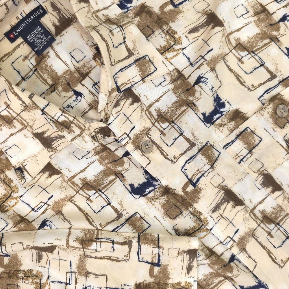 Knightsbridge Shirt Mens Medium Beige Geometric Abstract Short Sleeve Rayon